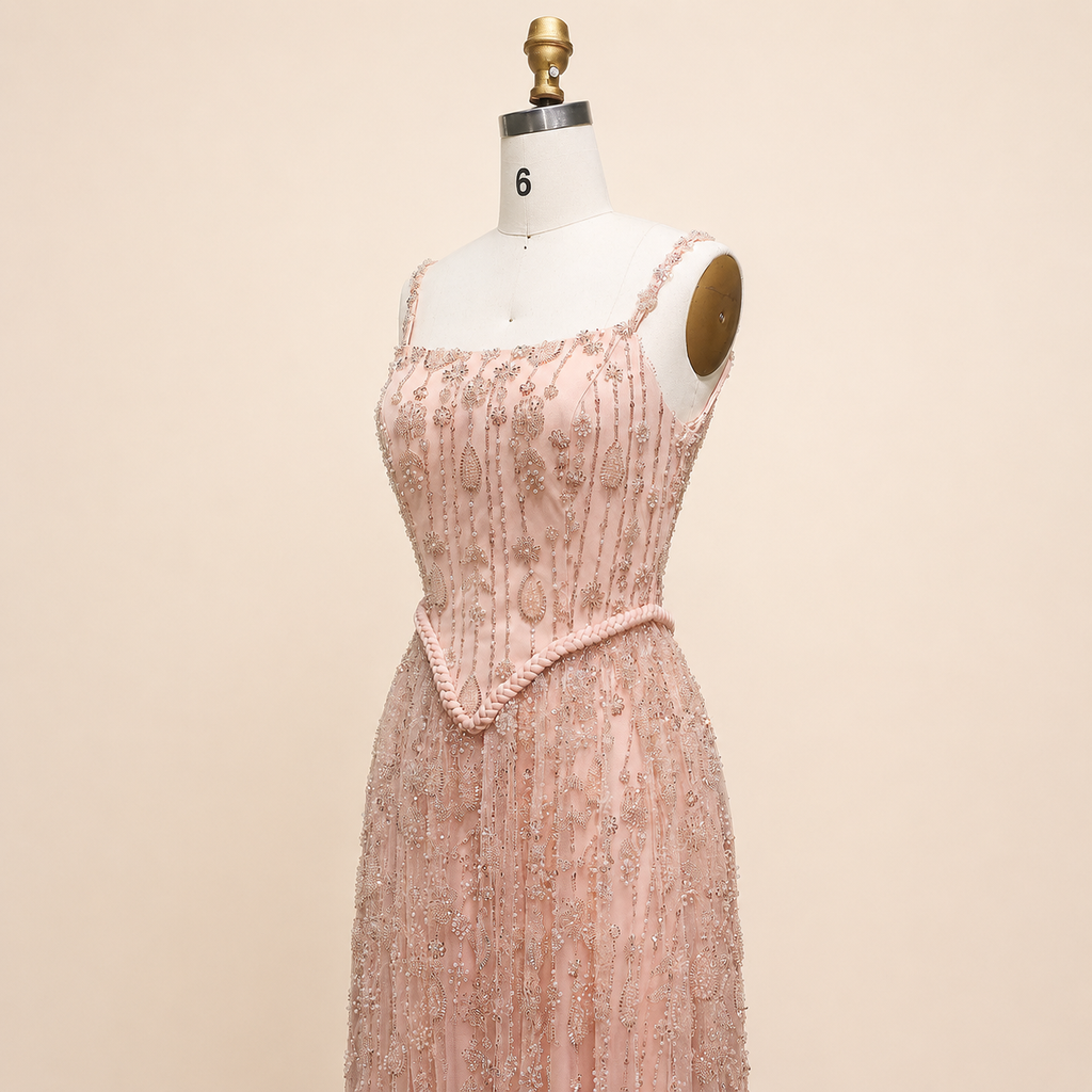 Elegant Sage Green Beads Evening Dress with Spaghetti Straps SL210