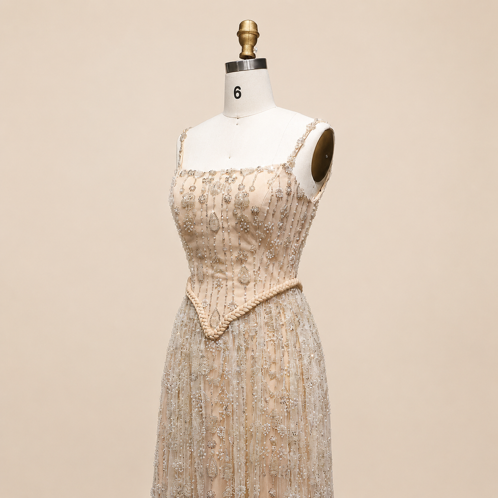 Elegant Sage Green Beads Evening Dress with Spaghetti Straps SL210