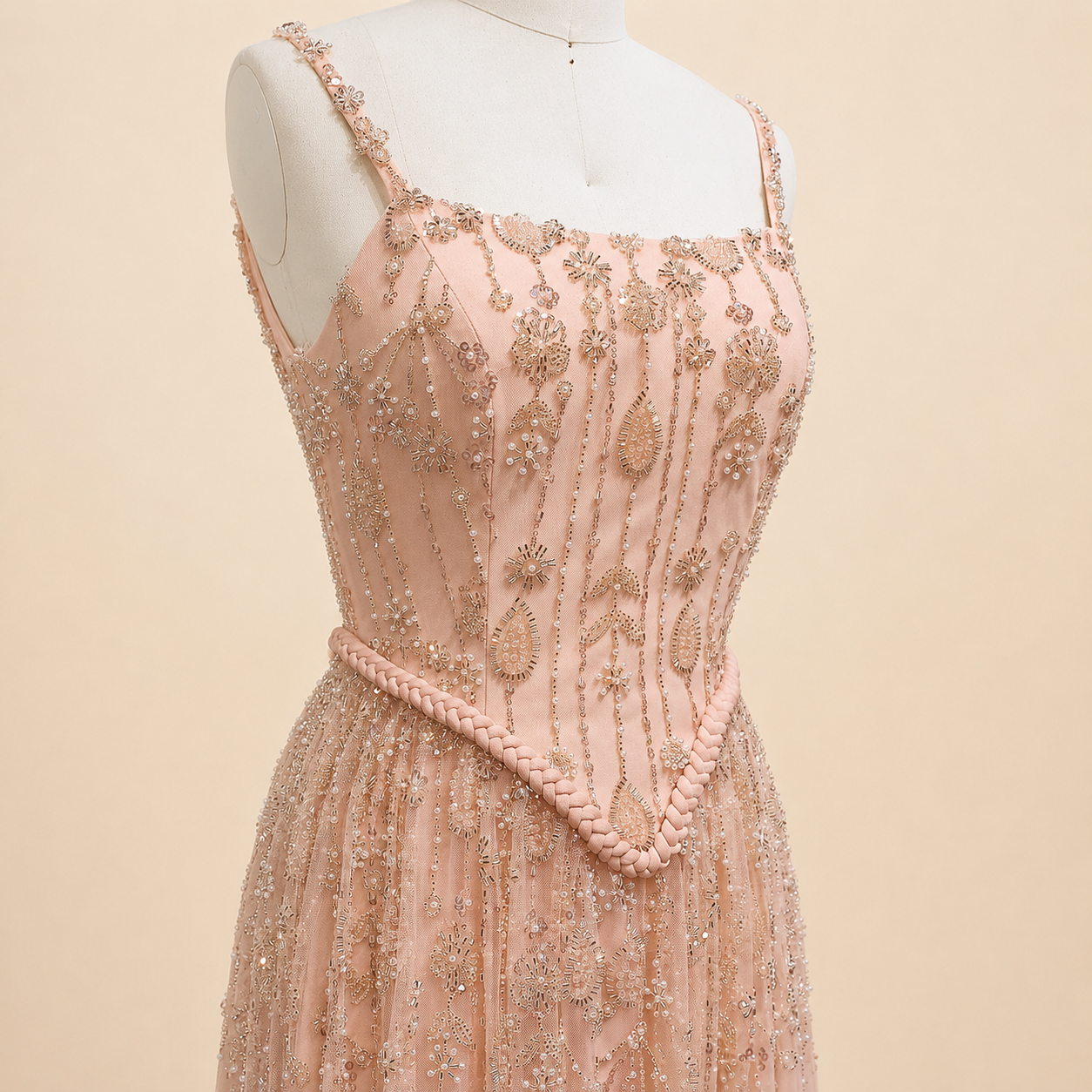 Elegant Sage Green Beads Evening Dress with Spaghetti Straps SL210