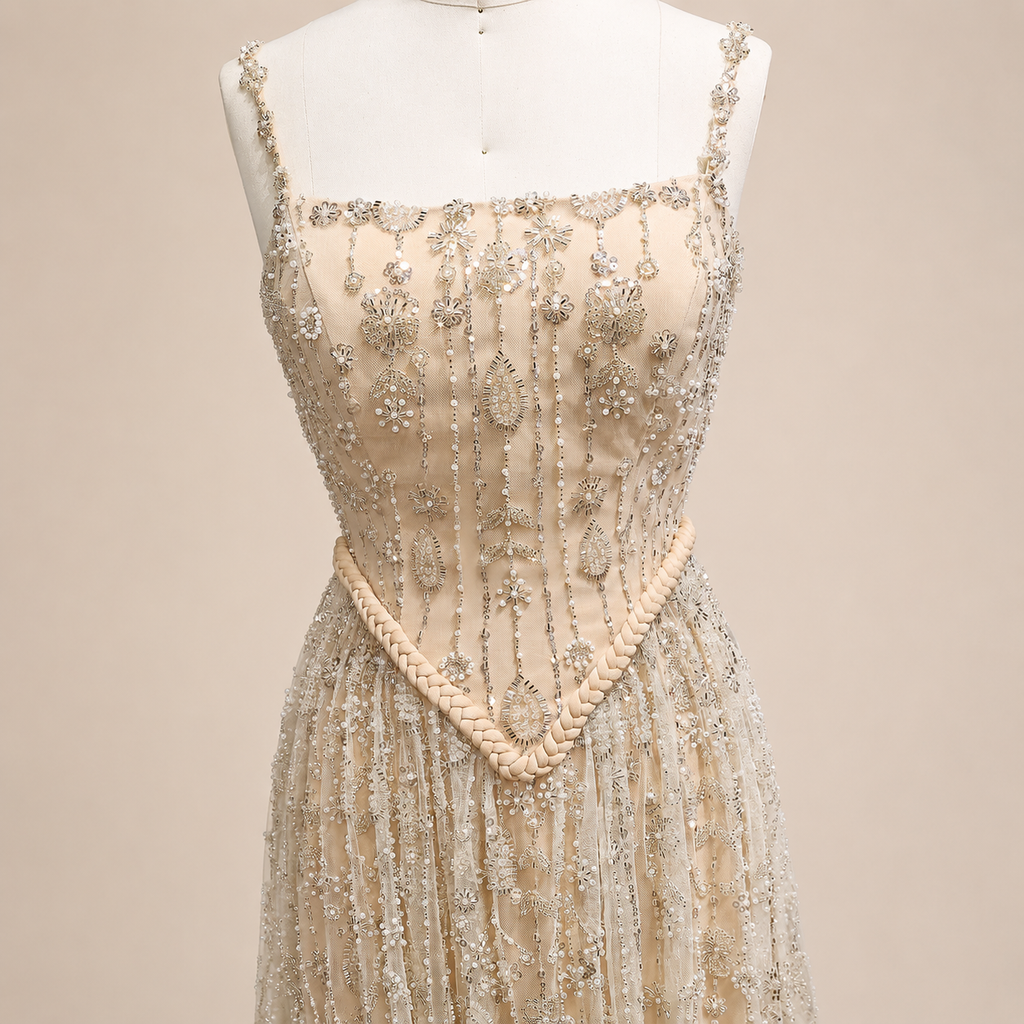 Elegant Sage Green Beads Evening Dress with Spaghetti Straps SL210