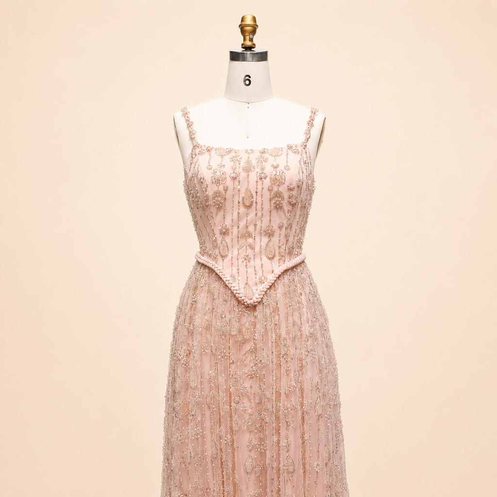 Elegant Sage Green Beads Evening Dress with Spaghetti Straps SL210