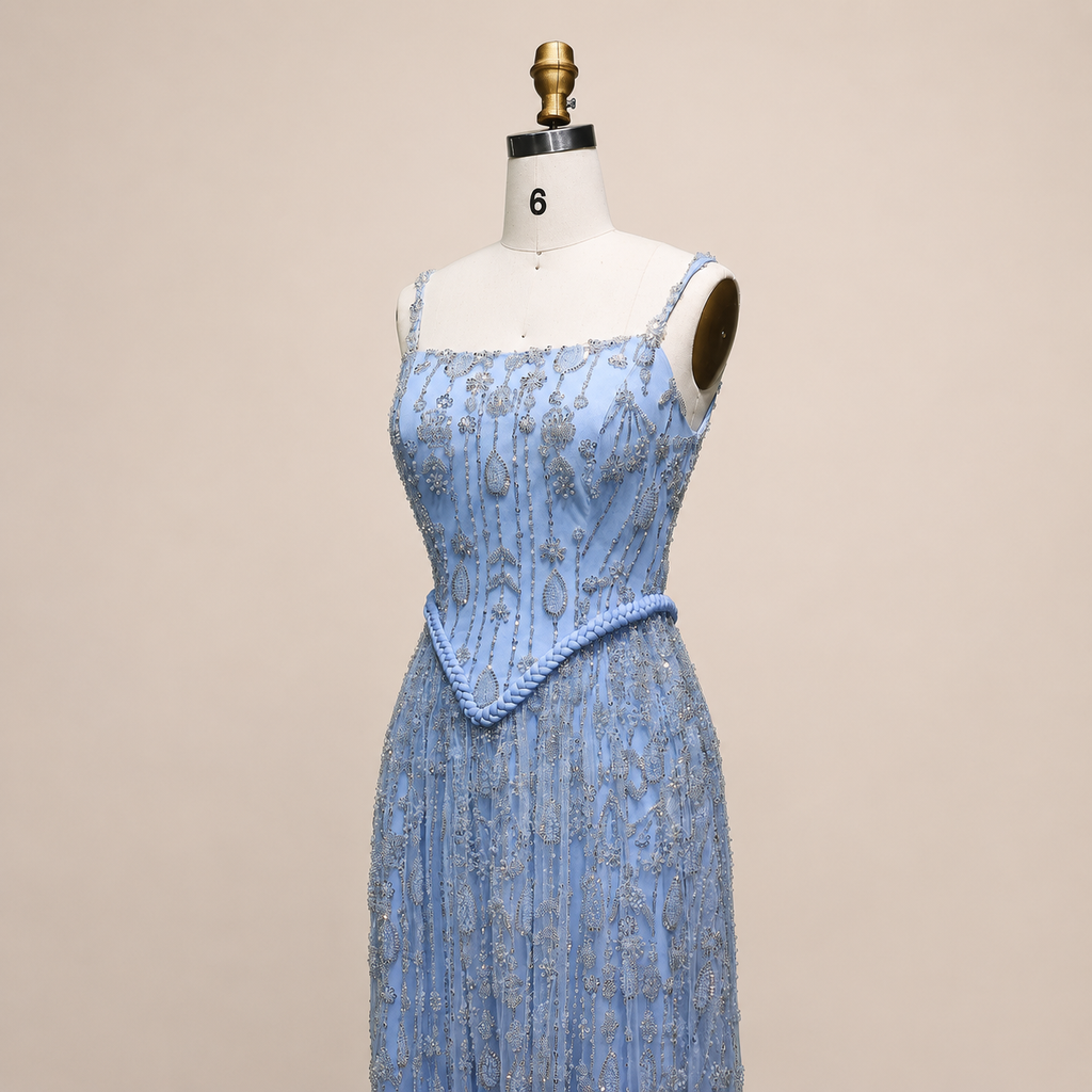 Elegant Sage Green Beads Evening Dress with Spaghetti Straps SL210