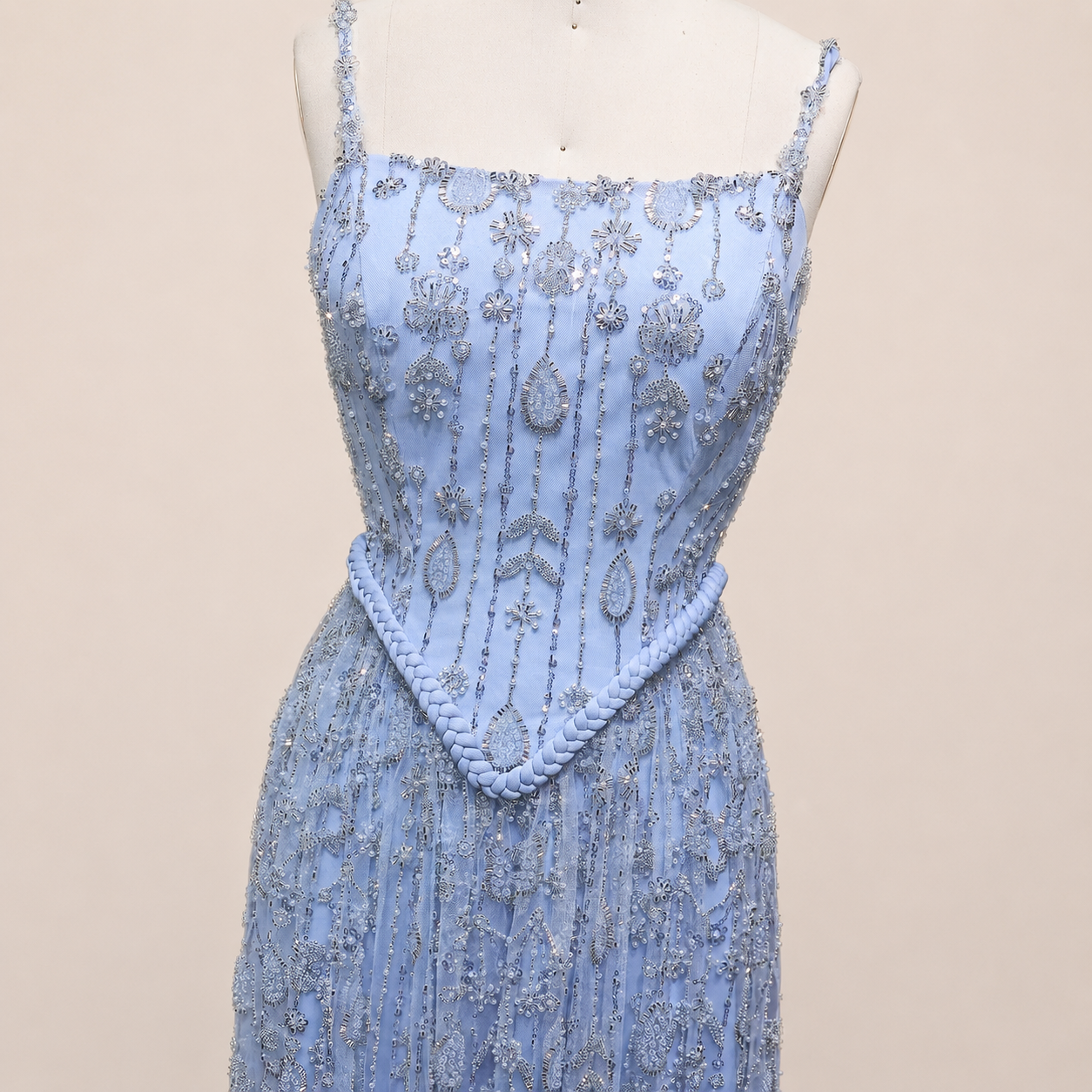 Elegant Sage Green Beads Evening Dress with Spaghetti Straps SL210