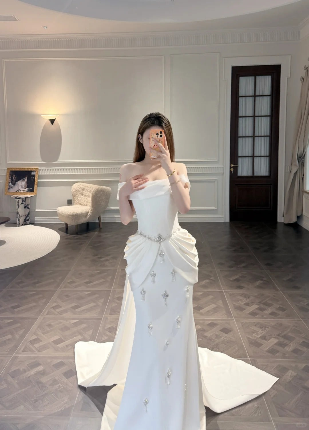 SL217 Romantic Off-Shoulder Princess Evening Dress with Crystal Details