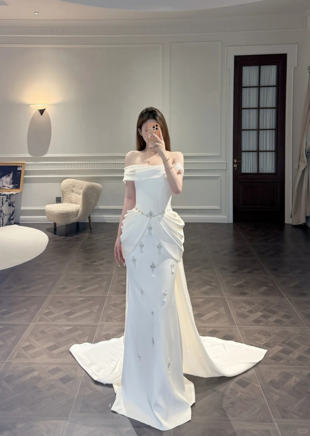 SL217 Romantic Off-Shoulder Princess Evening Dress with Crystal Details