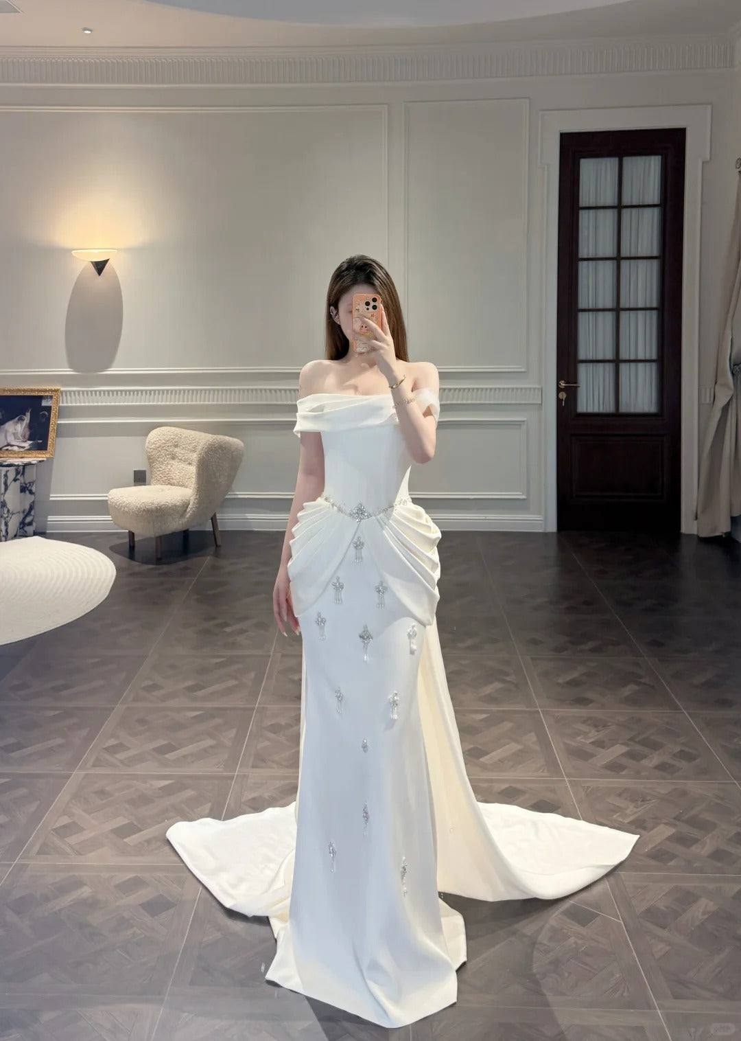 SL217 Romantic Off-Shoulder Princess Evening Dress with Crystal Details