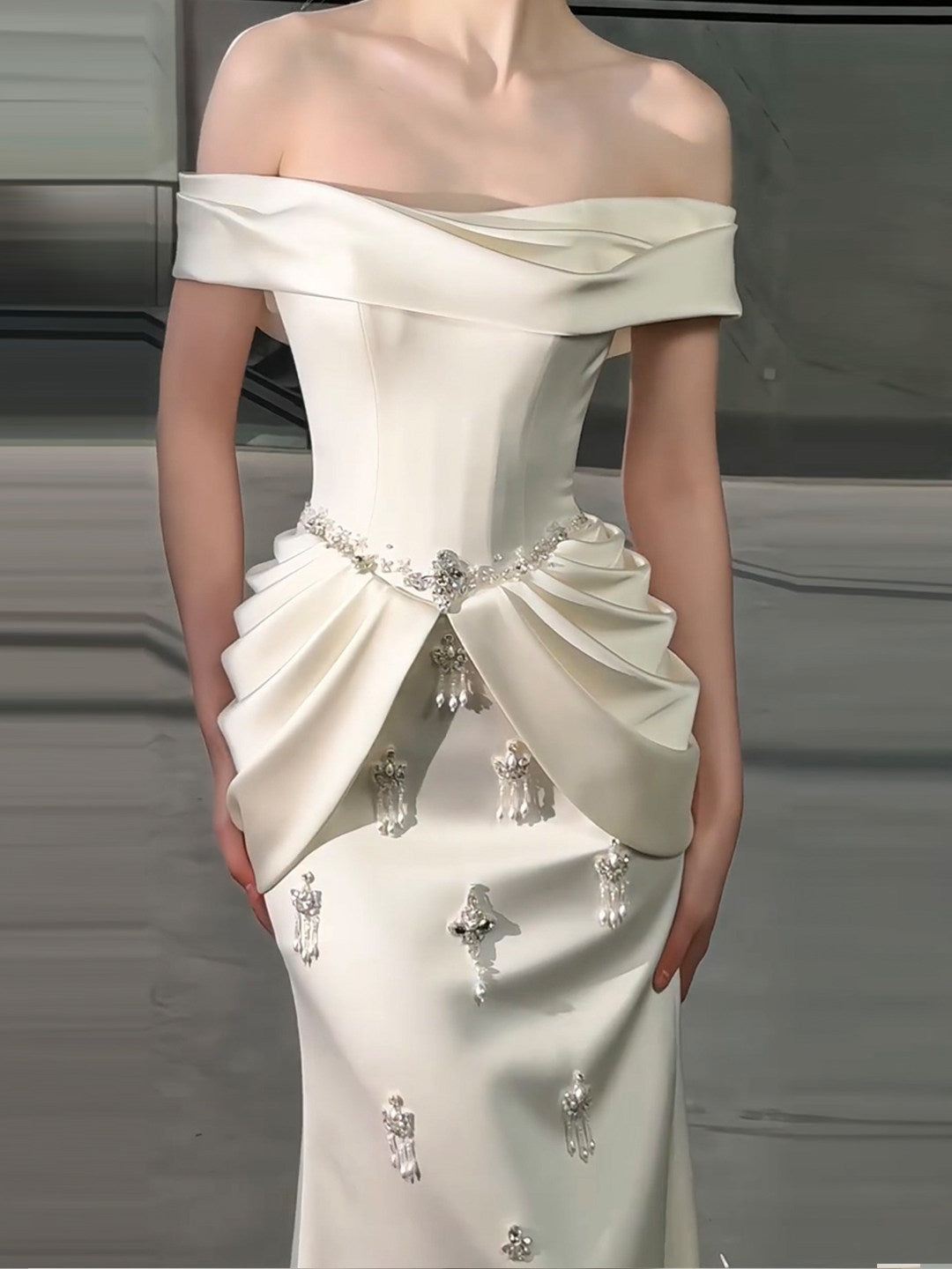 SL217 Romantic Off-Shoulder Princess Evening Dress with Crystal Details