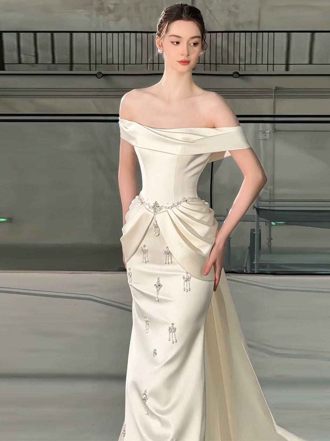 SL217 Romantic Off-Shoulder Princess Evening Dress with Crystal Details