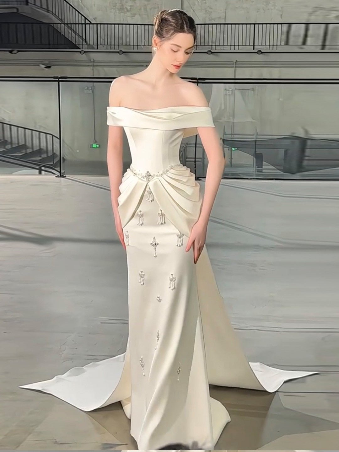 SL217 Romantic Off-Shoulder Princess Evening Dress with Crystal Details