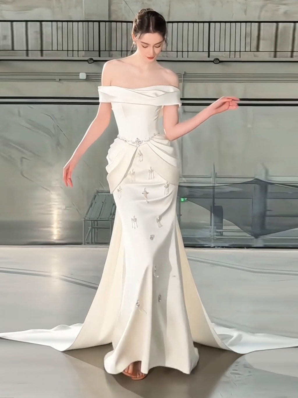 SL217 Romantic Off-Shoulder Princess Evening Dress with Crystal Details