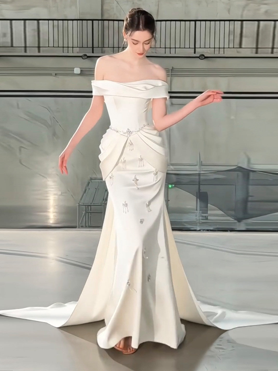 SL217 Romantic Off-Shoulder Princess Evening Dress with Crystal Details