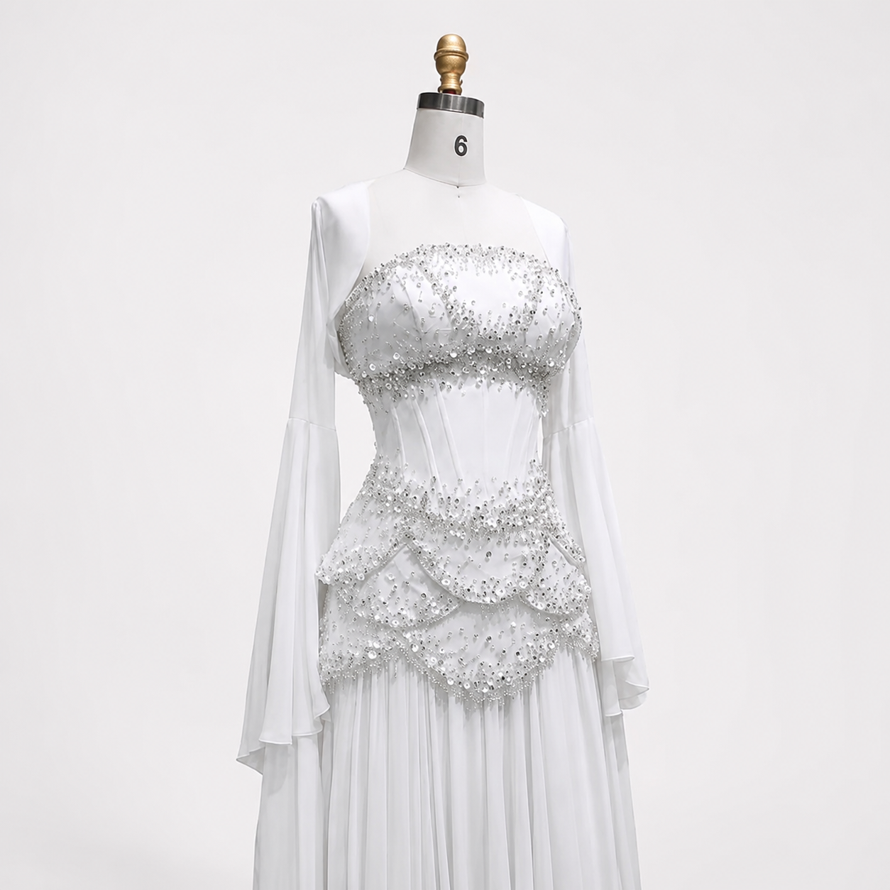 Blue Strapless Beaded Corset Gown with Sheer Cape Sleeves SL188