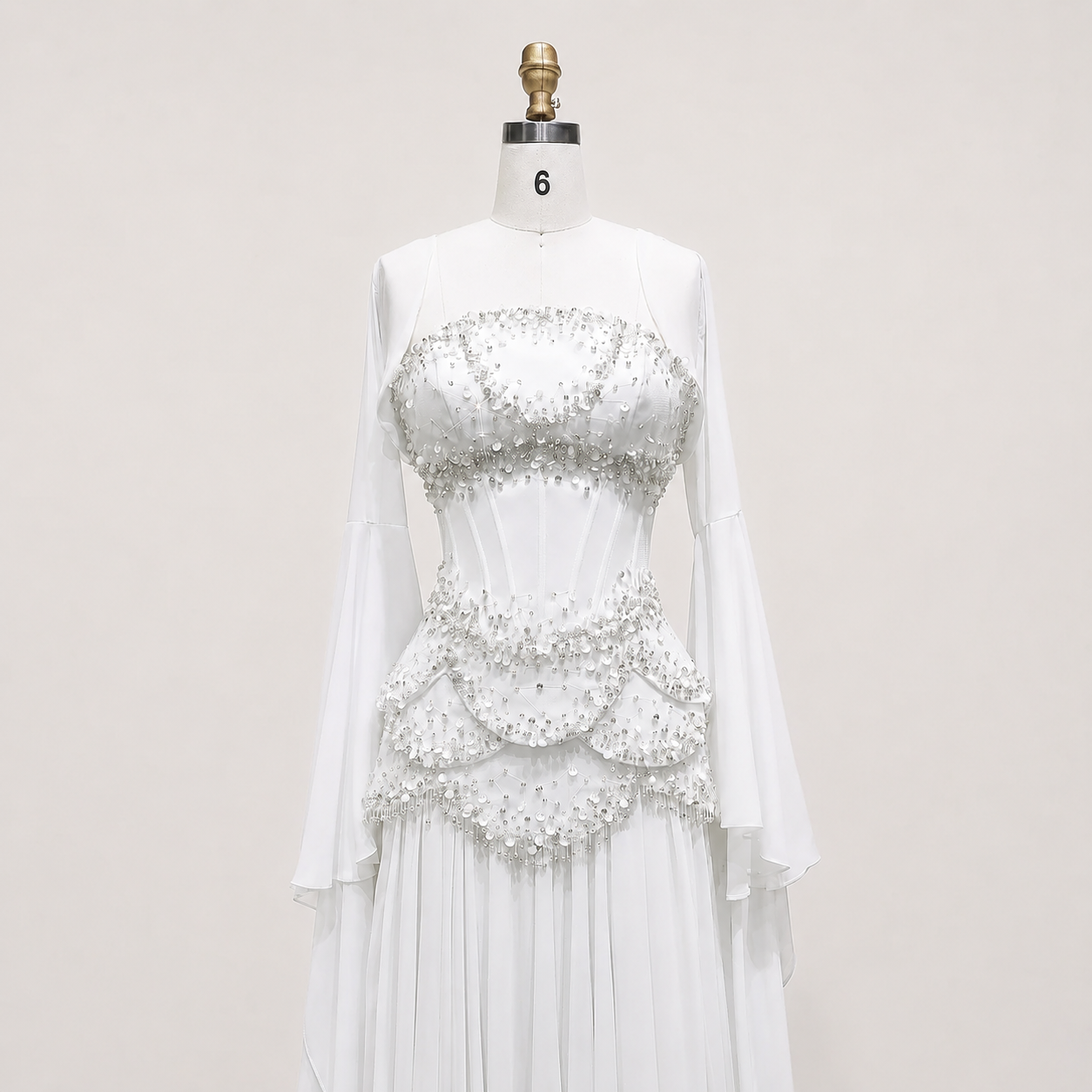 Blue Strapless Beaded Corset Gown with Sheer Cape Sleeves SL188
