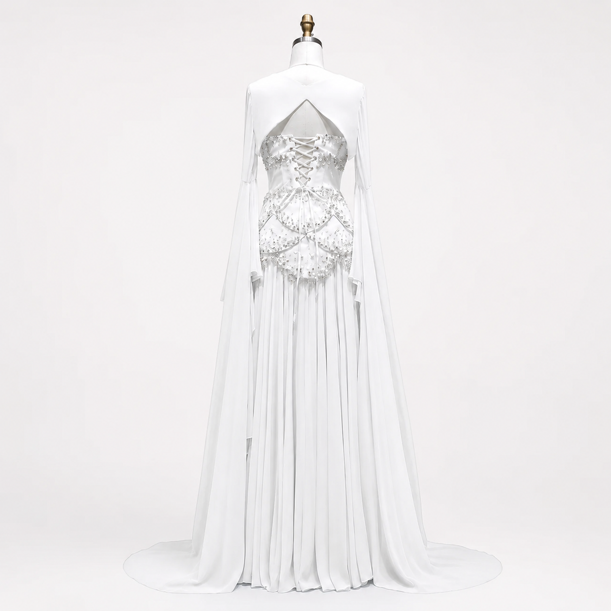 Blue Strapless Beaded Corset Gown with Sheer Cape Sleeves SL188