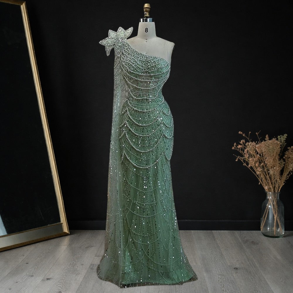 Sage Green One-Shoulder Beaded Evening Gown with Floral Cape Sleeve SL185