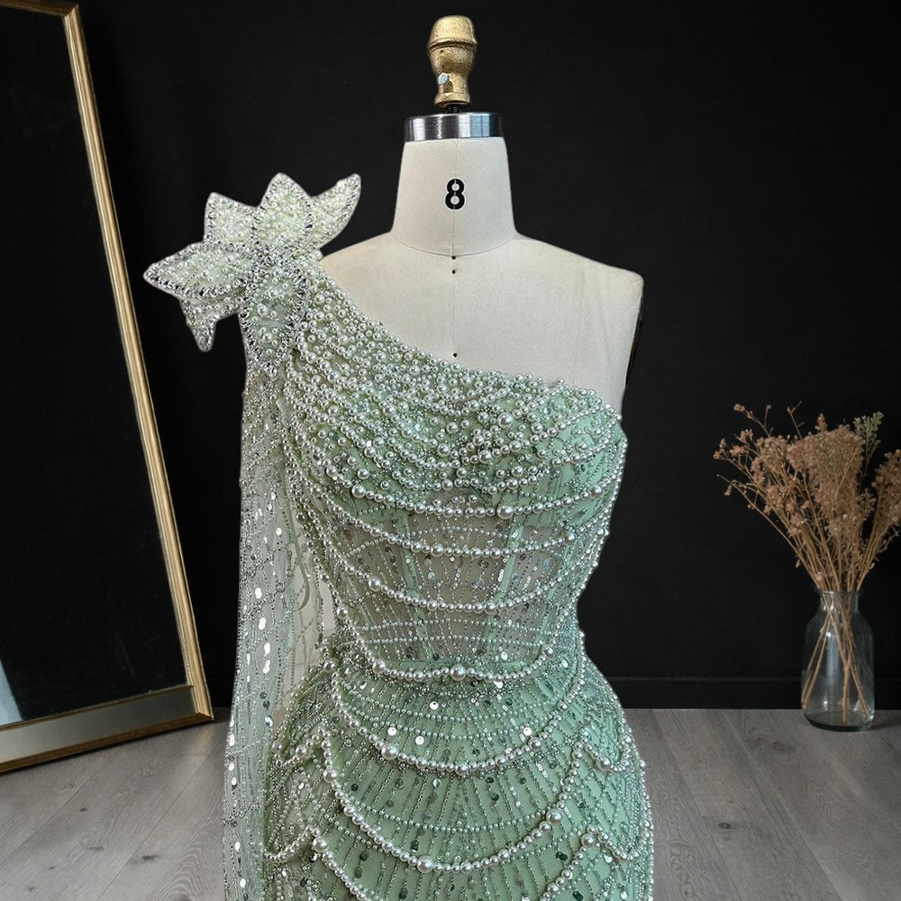 Sage Green One-Shoulder Beaded Evening Gown with Floral Cape Sleeve SL185