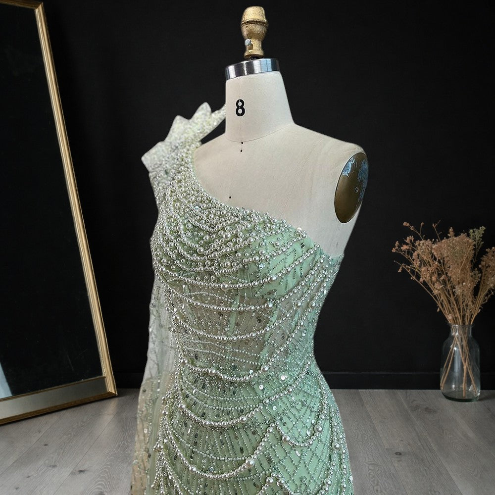 Sage Green One-Shoulder Beaded Evening Gown with Floral Cape Sleeve SL185