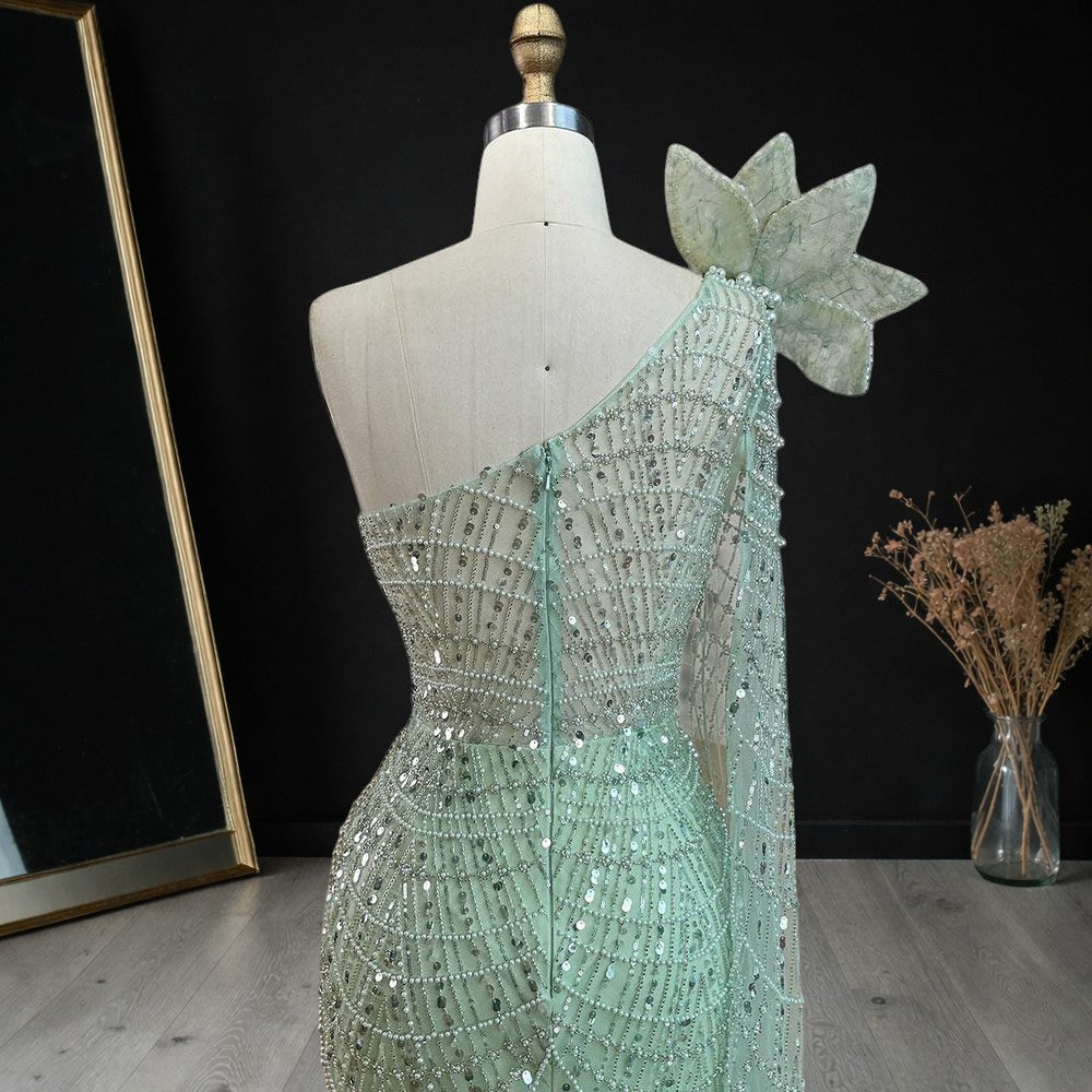 Sage Green One-Shoulder Beaded Evening Gown with Floral Cape Sleeve SL185