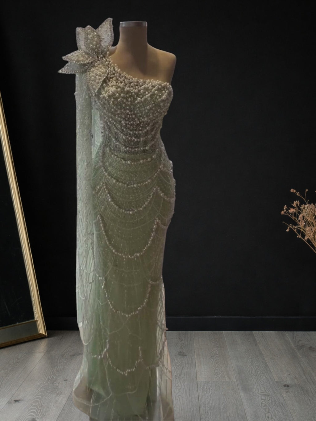 Sage Green One-Shoulder Beaded Evening Gown with Floral Cape Sleeve SL185