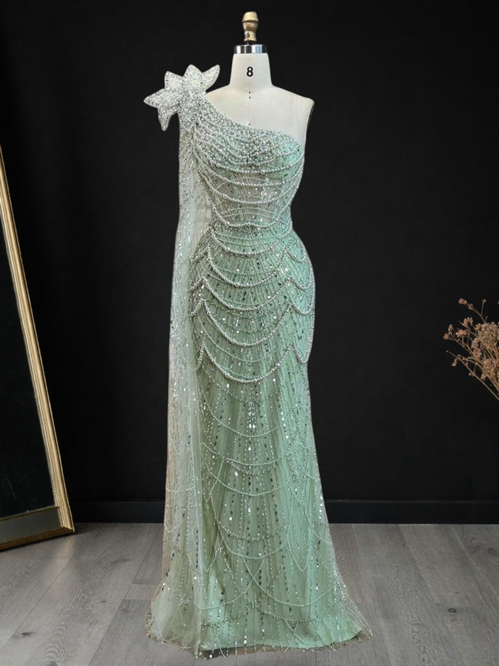 Sage Green One-Shoulder Beaded Evening Gown with Floral Cape Sleeve SL185