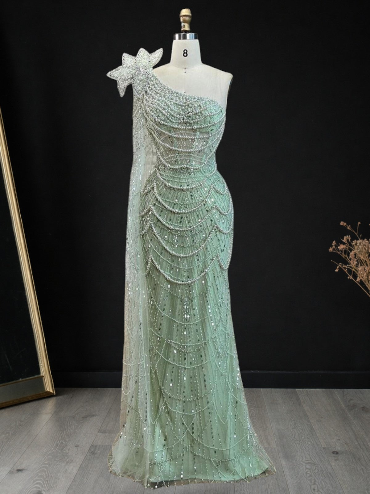 Sage Green One-Shoulder Beaded Evening Gown with Floral Cape Sleeve SL185