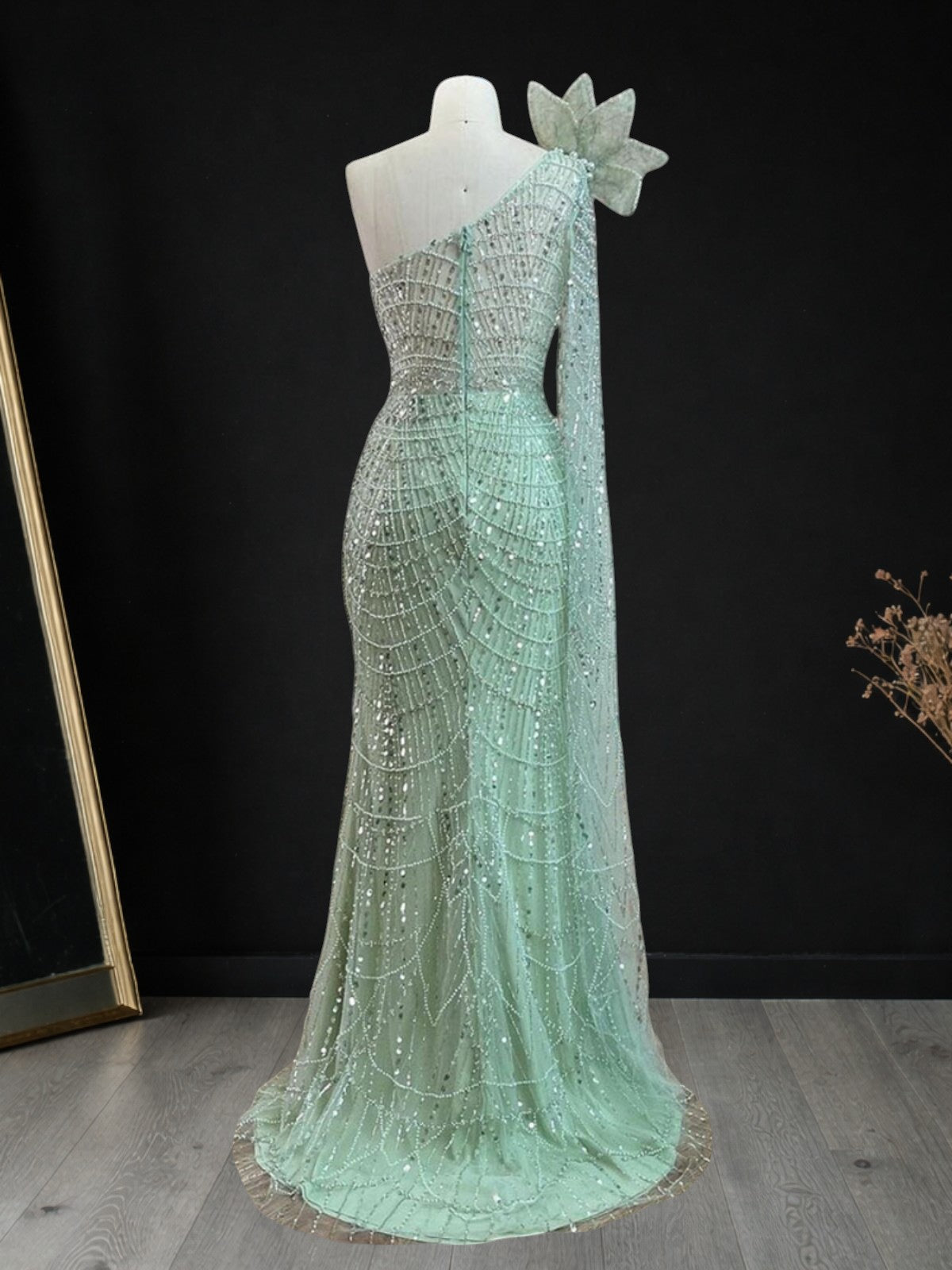 Sage Green One-Shoulder Beaded Evening Gown with Floral Cape Sleeve SL185