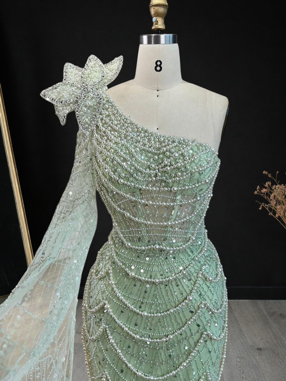 Sage Green One-Shoulder Beaded Evening Gown with Floral Cape Sleeve SL185