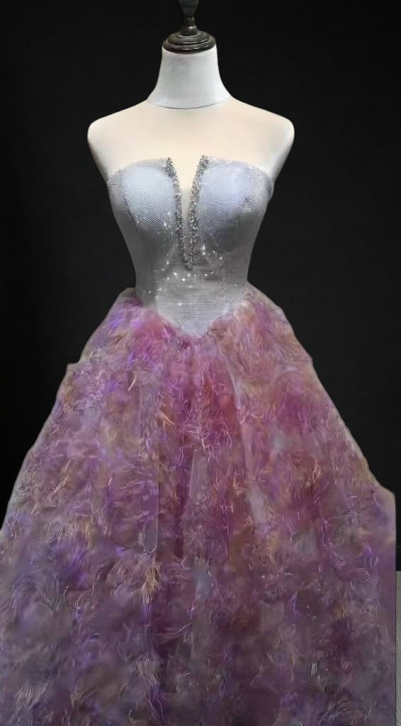Silver Strapless Ball Gown with Lavender Feather Skirt SL181