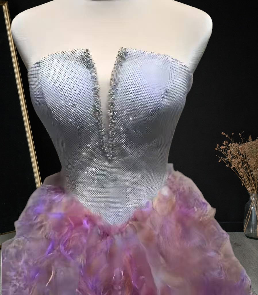 Silver Strapless Ball Gown with Lavender Feather Skirt SL181