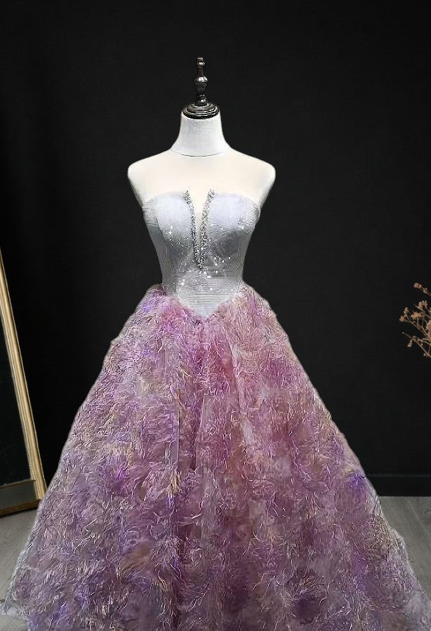 Silver Strapless Ball Gown with Lavender Feather Skirt SL181