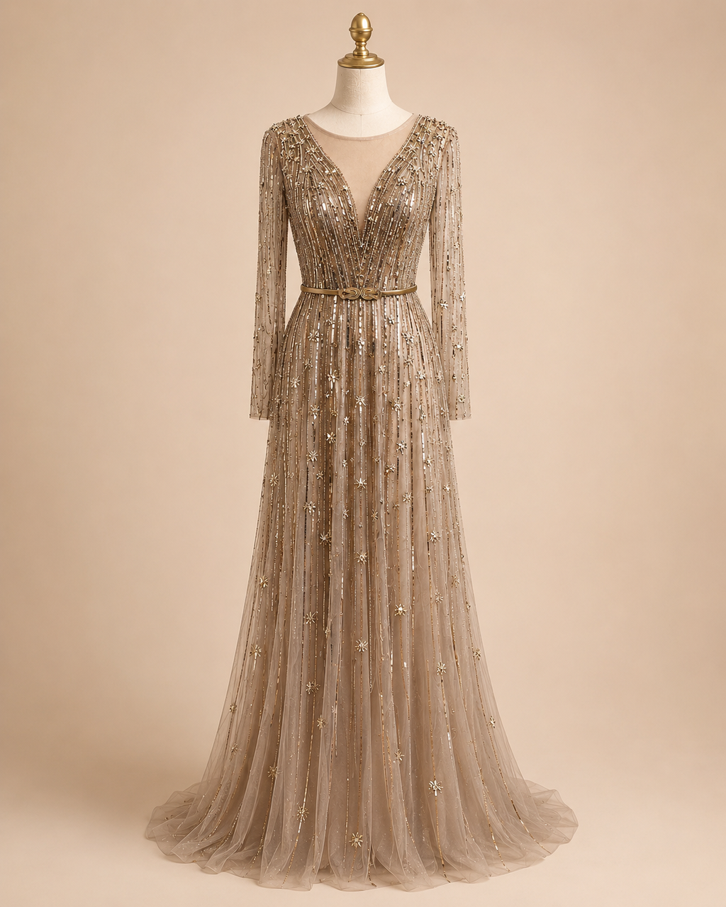 Elegant Mocha Brown Beaded Long Sleeve Evening Dress with Illusion Neckline SL129