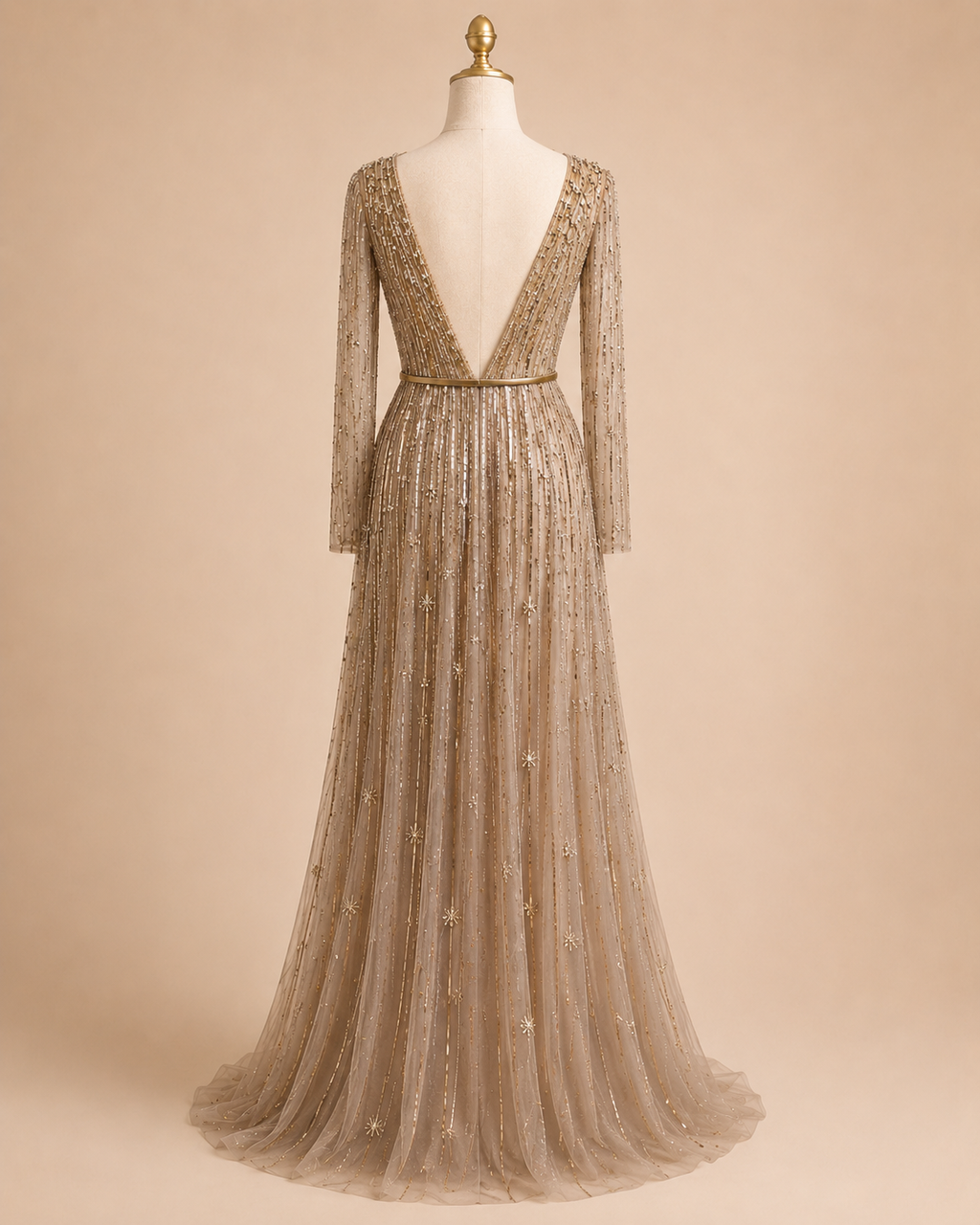Elegant Mocha Brown Beaded Long Sleeve Evening Dress with Illusion Neckline SL129