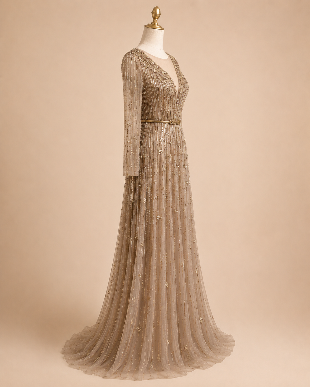 Elegant Mocha Brown Beaded Long Sleeve Evening Dress with Illusion Neckline SL129