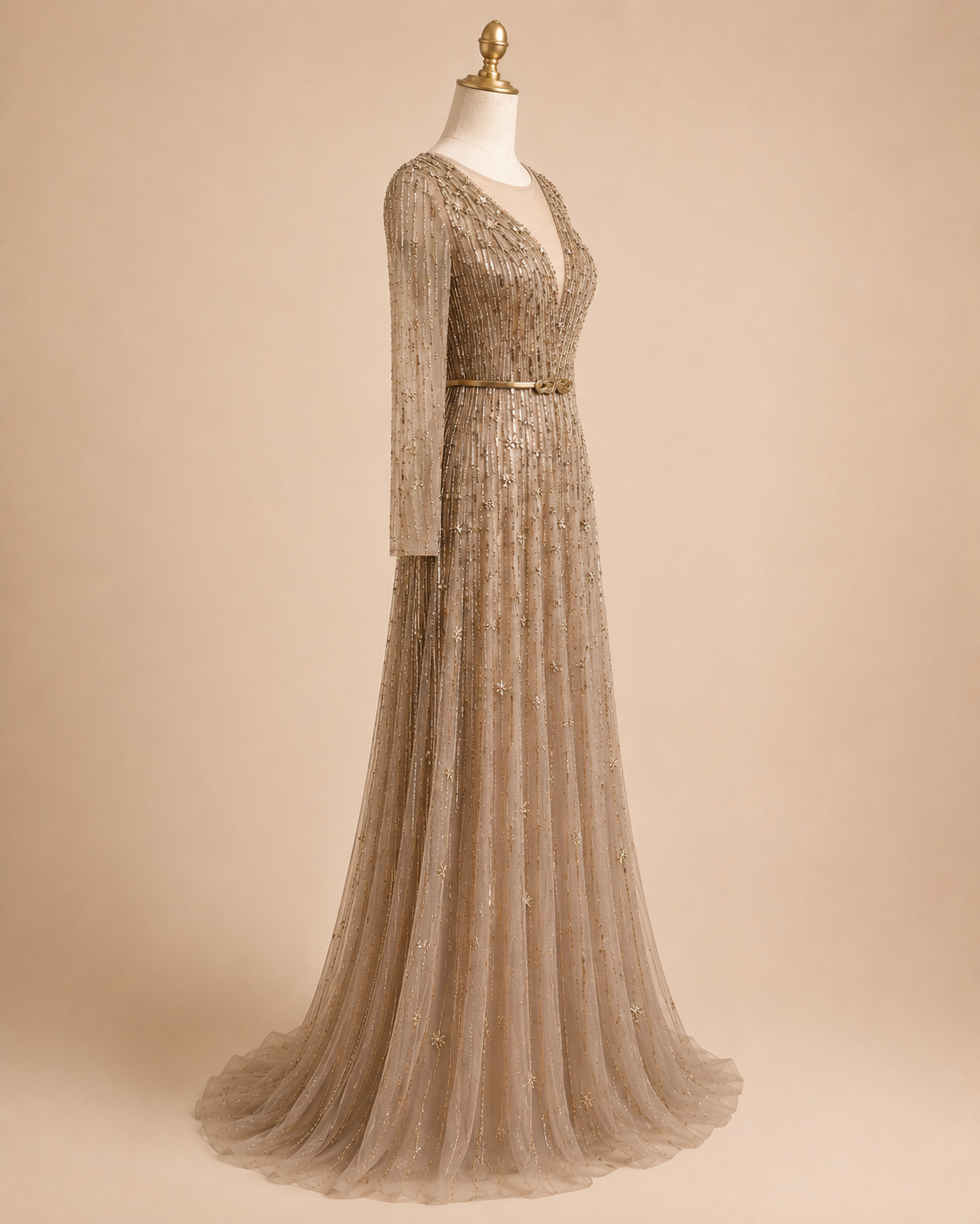 Elegant Mocha Brown Beaded Long Sleeve Evening Dress with Illusion Neckline SL129