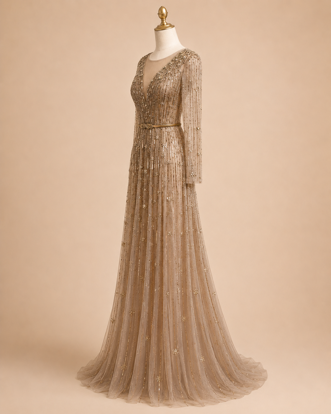 Elegant Mocha Brown Beaded Long Sleeve Evening Dress with Illusion Neckline SL129