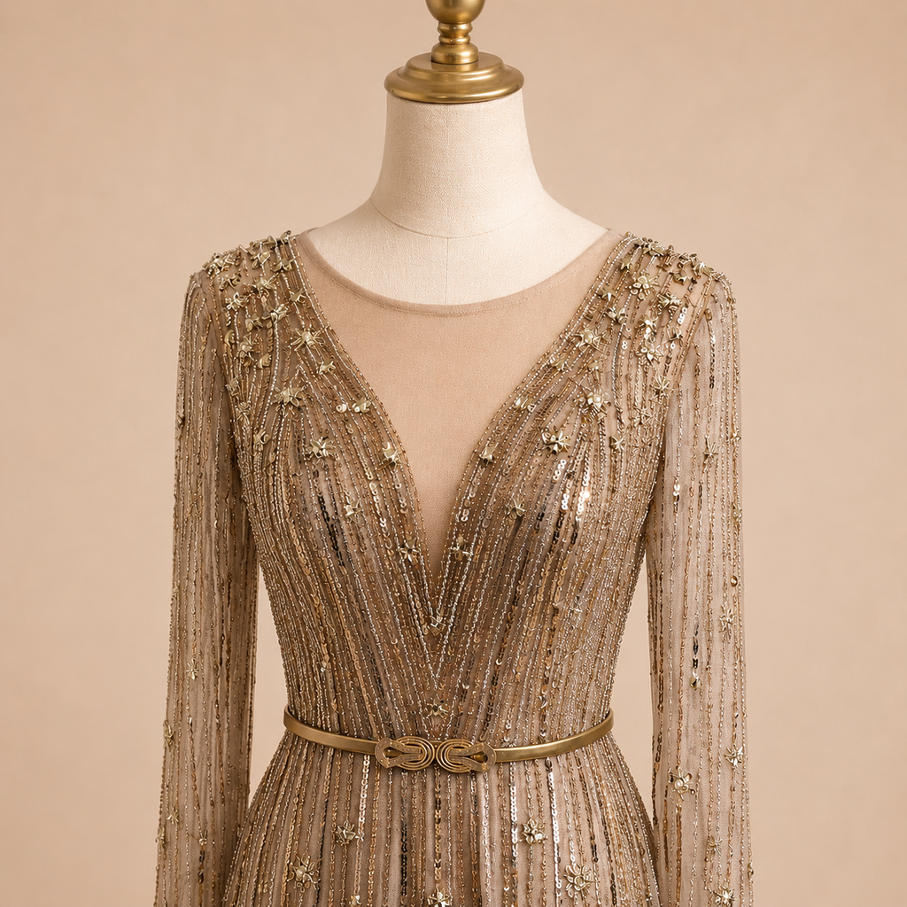 Elegant Mocha Brown Beaded Long Sleeve Evening Dress with Illusion Neckline SL129
