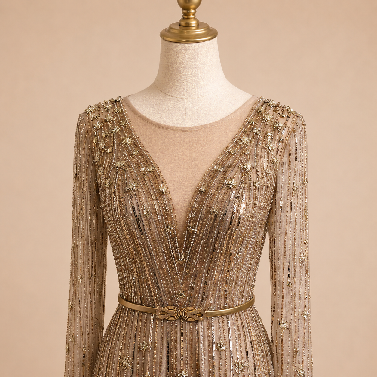 Elegant Mocha Brown Beaded Long Sleeve Evening Dress with Illusion Neckline SL129