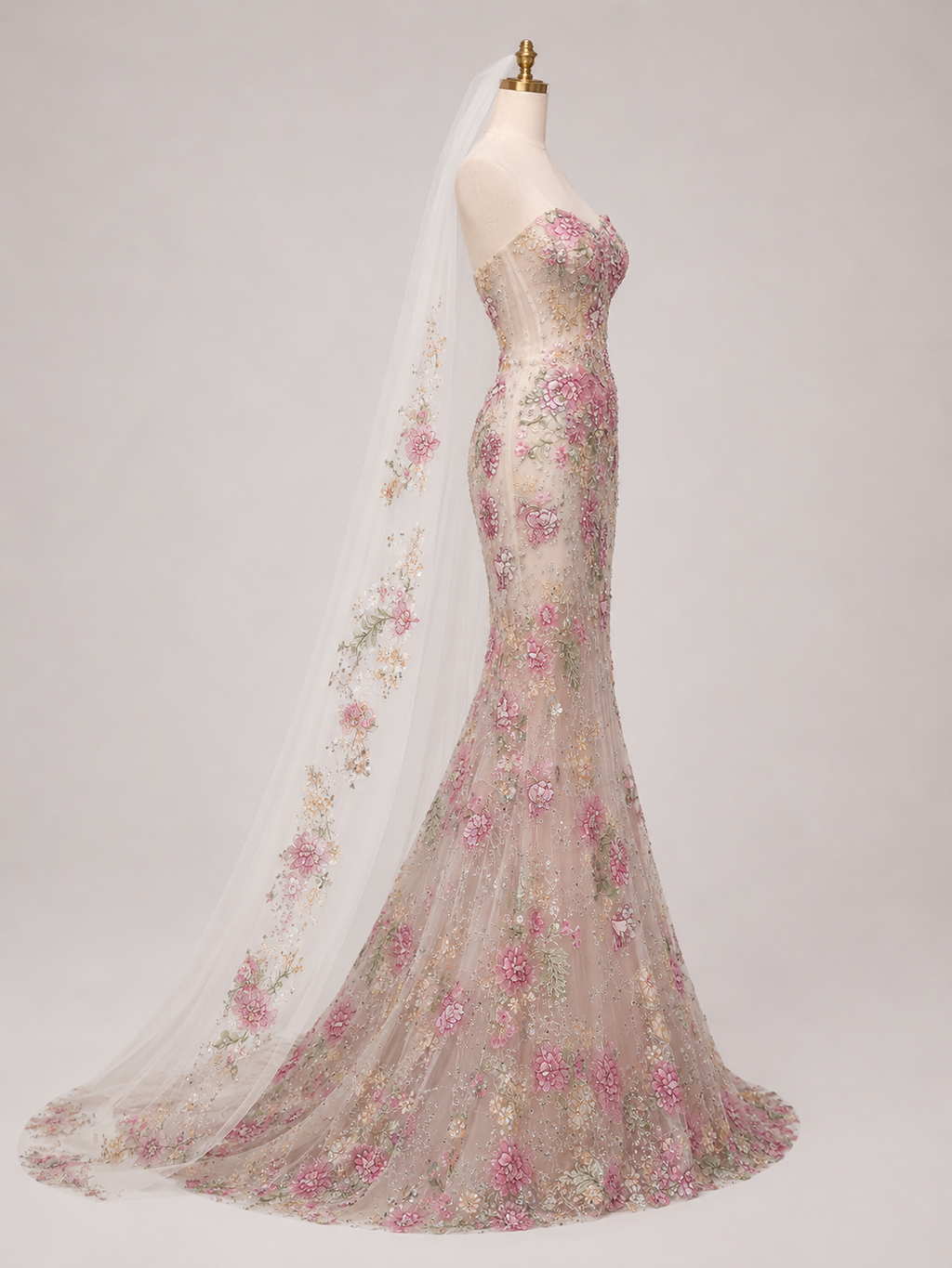 Blush Floral Embroidered Mermaid Wedding Dress with Veil Cape SL137