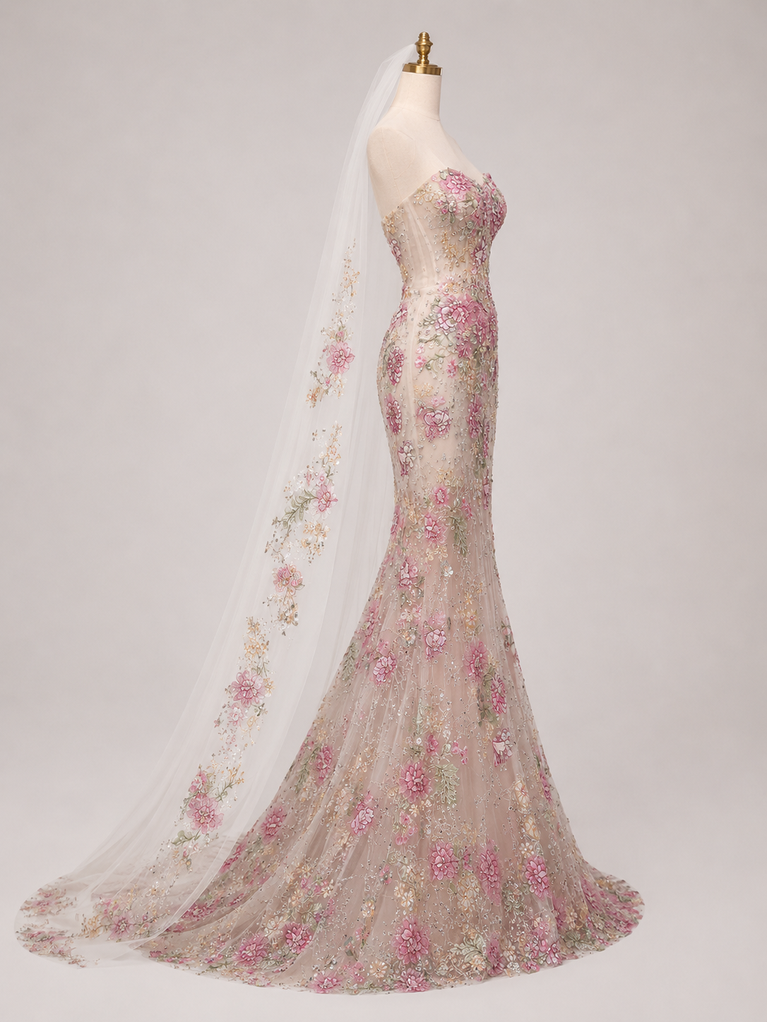 Blush Floral Embroidered Mermaid Wedding Dress with Veil Cape SL137
