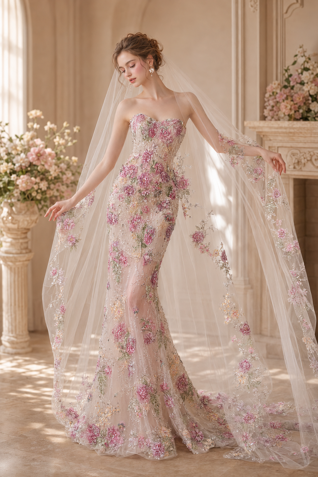 Blush Floral Embroidered Mermaid Wedding Dress with Veil Cape SL137