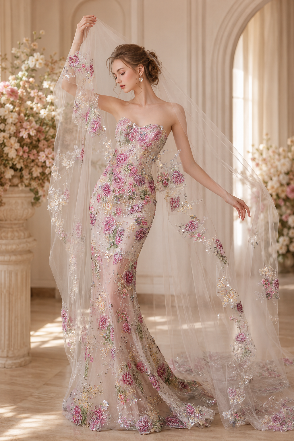 Blush Floral Embroidered Mermaid Wedding Dress with Veil Cape SL137