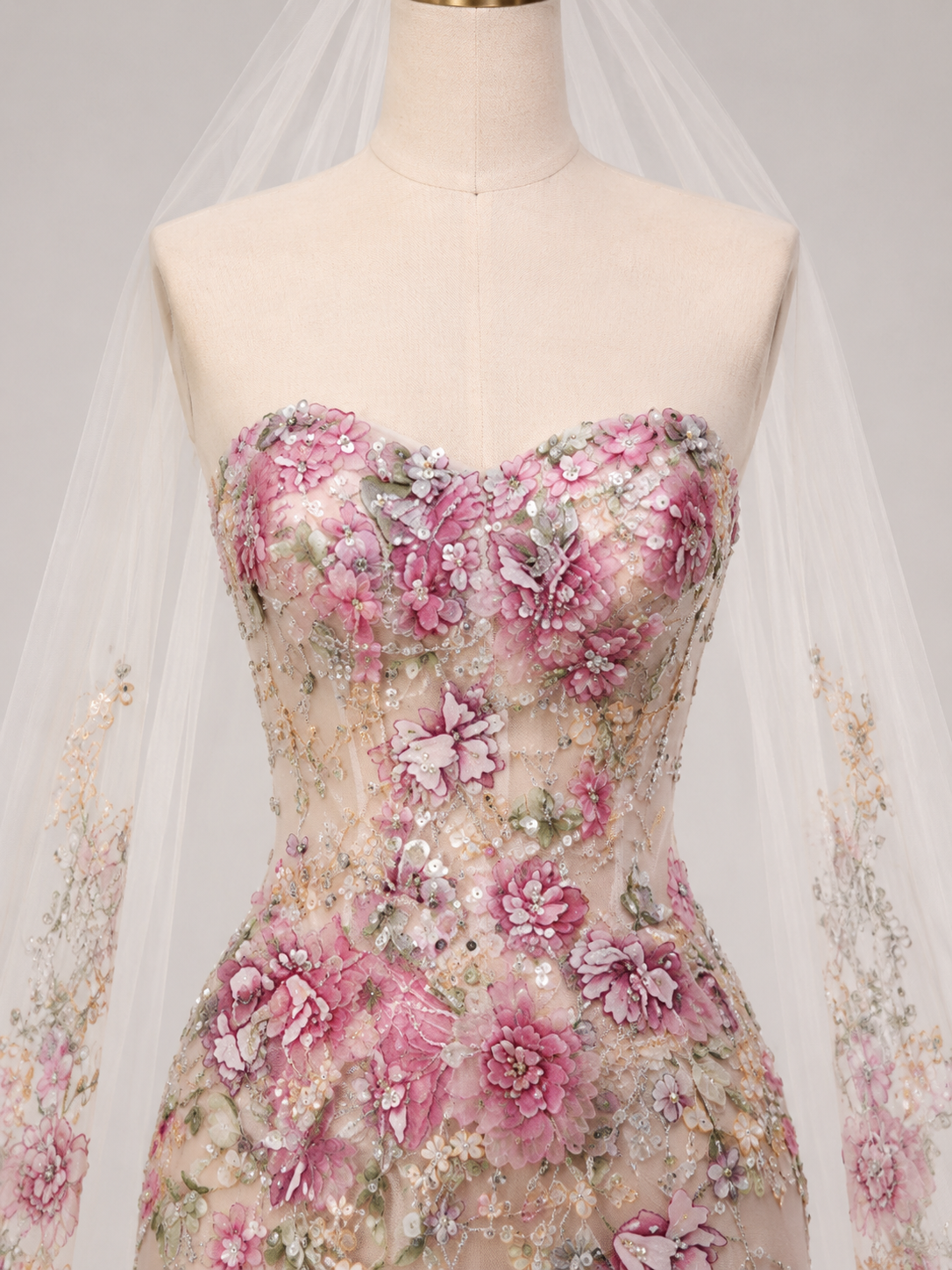 Blush Floral Embroidered Mermaid Wedding Dress with Veil Cape SL137