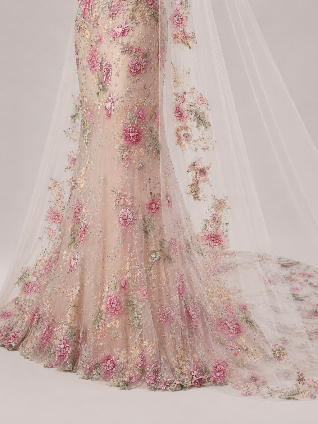 Blush Floral Embroidered Mermaid Wedding Dress with Veil Cape SL137