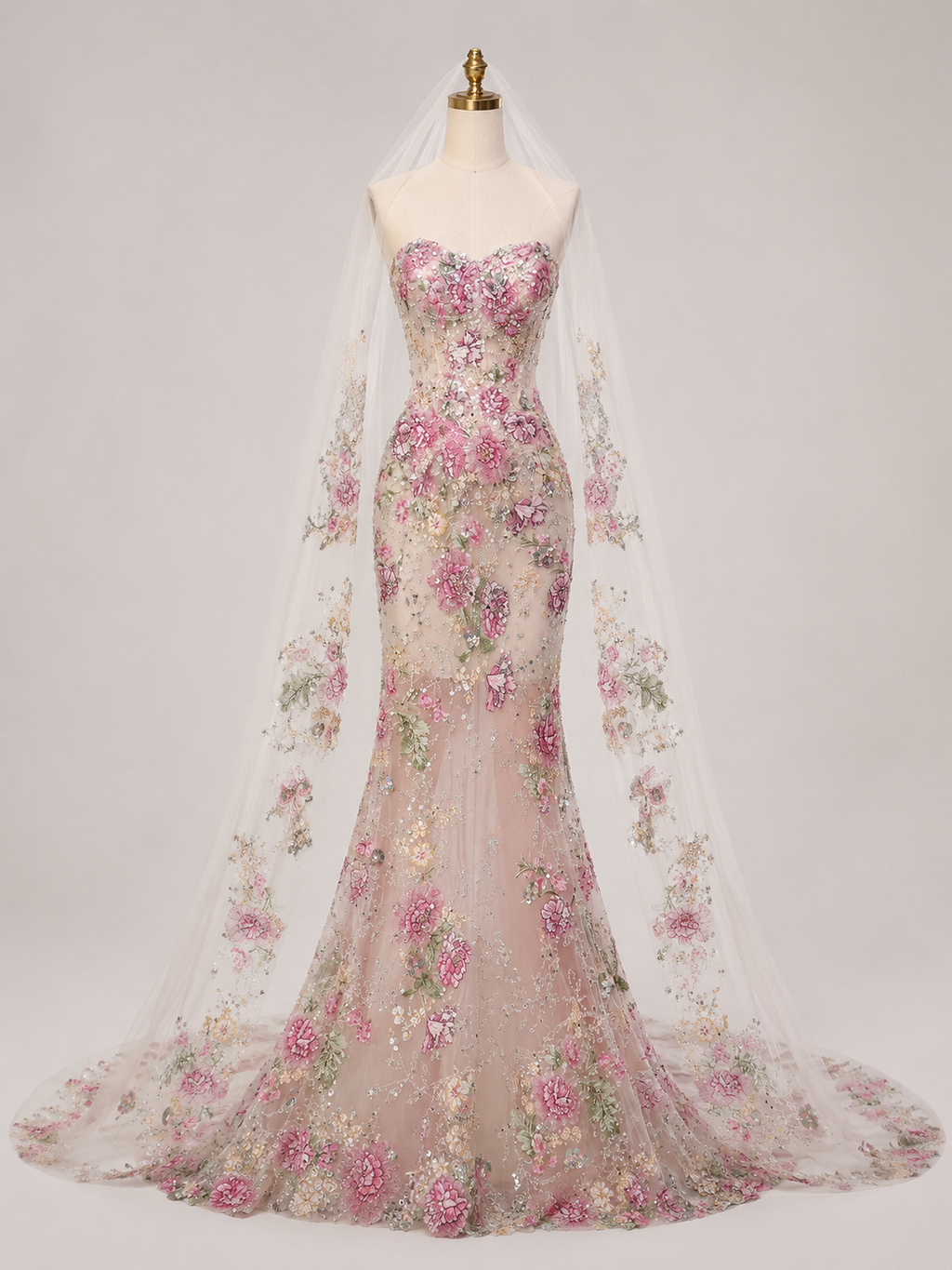 Blush Floral Embroidered Mermaid Wedding Dress with Veil Cape SL137