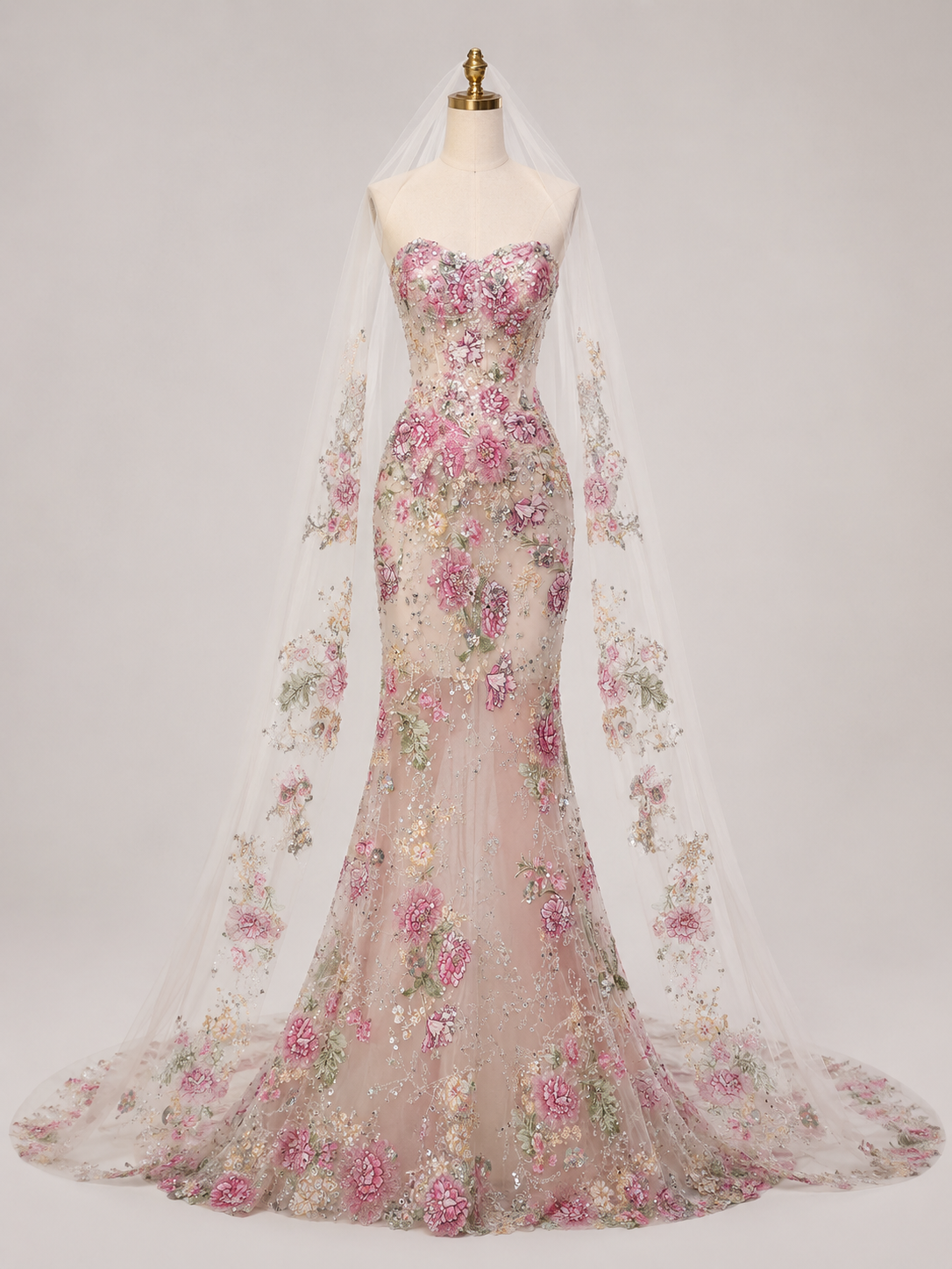 Blush Floral Embroidered Mermaid Wedding Dress with Veil Cape SL137