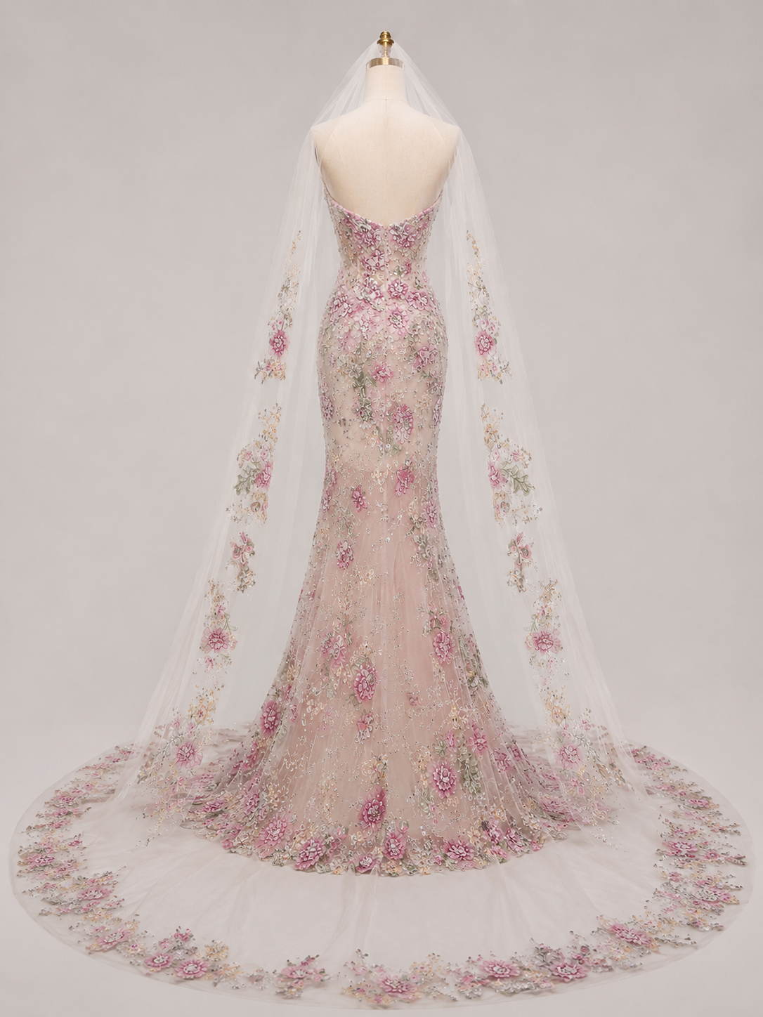 Blush Floral Embroidered Mermaid Wedding Dress with Veil Cape SL137
