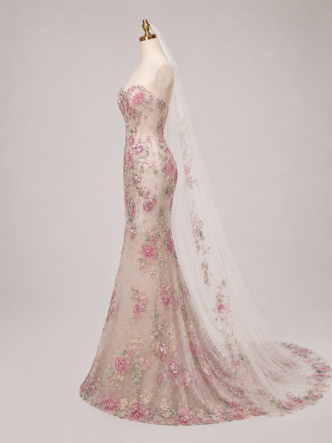 Blush Floral Embroidered Mermaid Wedding Dress with Veil Cape SL137