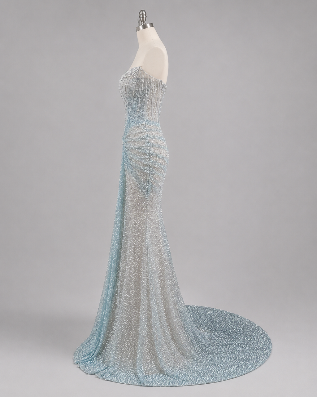 Luxury Ice Blue Crystal Beaded Strapless Mermaid Evening Gown with Sweep Train SL138
