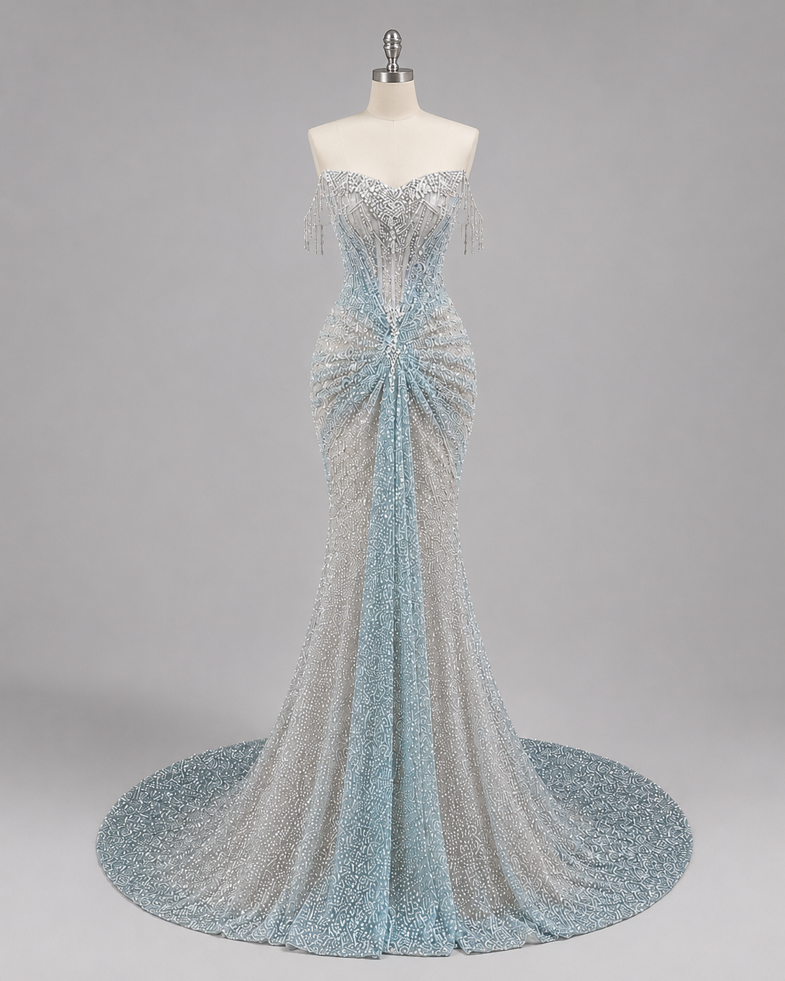 Luxury Ice Blue Crystal Beaded Strapless Mermaid Evening Gown with Sweep Train SL138