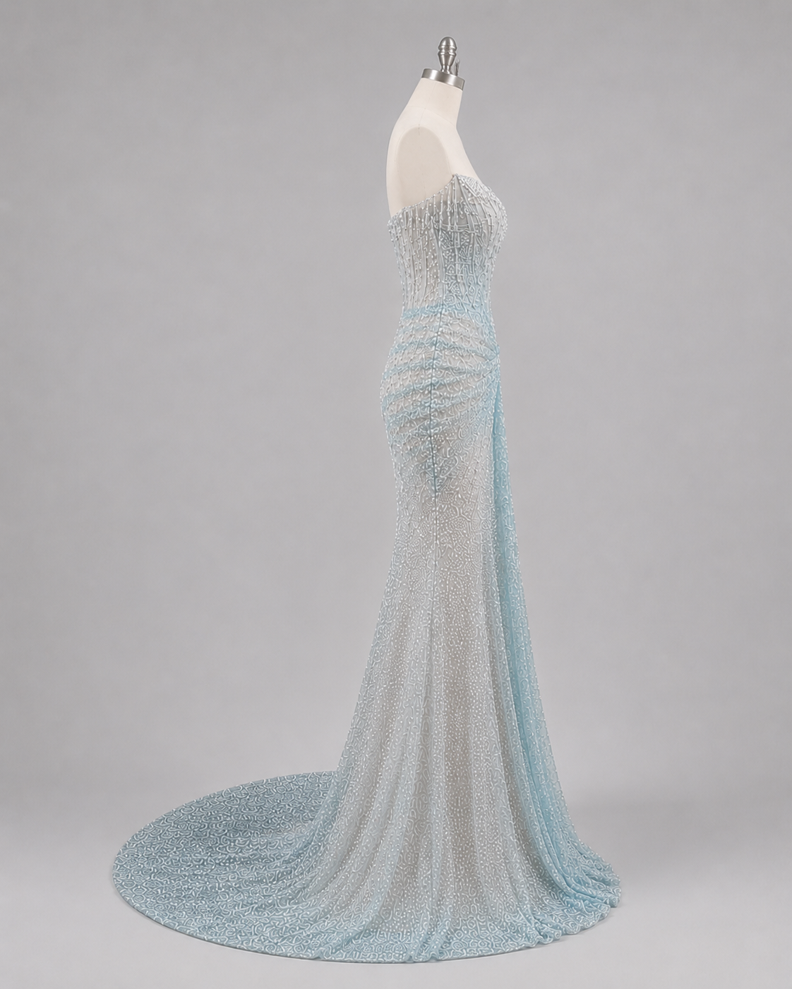 Luxury Ice Blue Crystal Beaded Strapless Mermaid Evening Gown with Sweep Train SL138